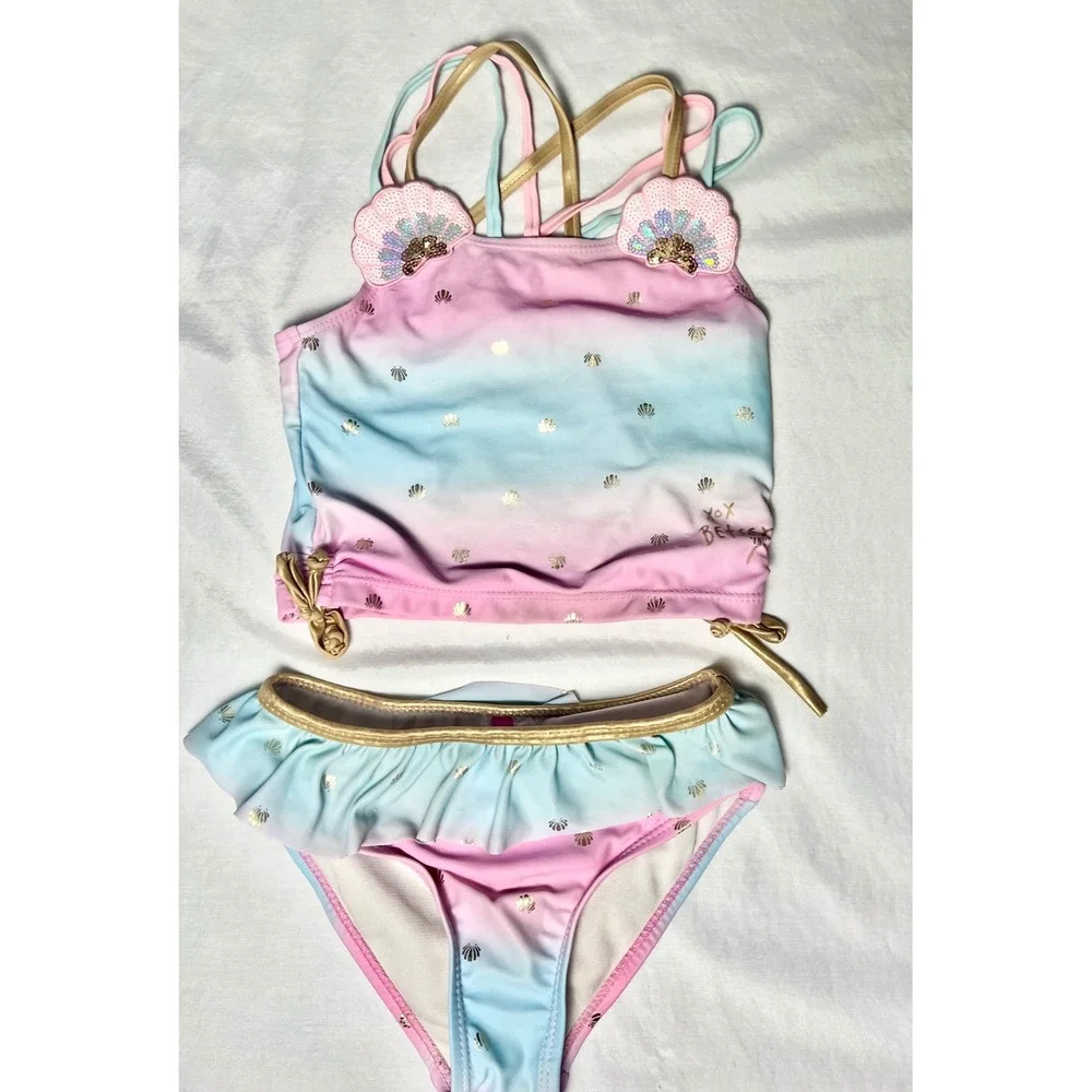 Betsey Johnson Kids Pink Blue Ombre Shell Sequin Tankini Swimsuit Set Size 6
